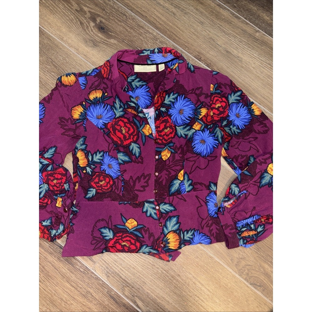 Moulinette Soeurs Anthropologie Maisie‎ Blouse 2 Purple Floral Long Print Crop